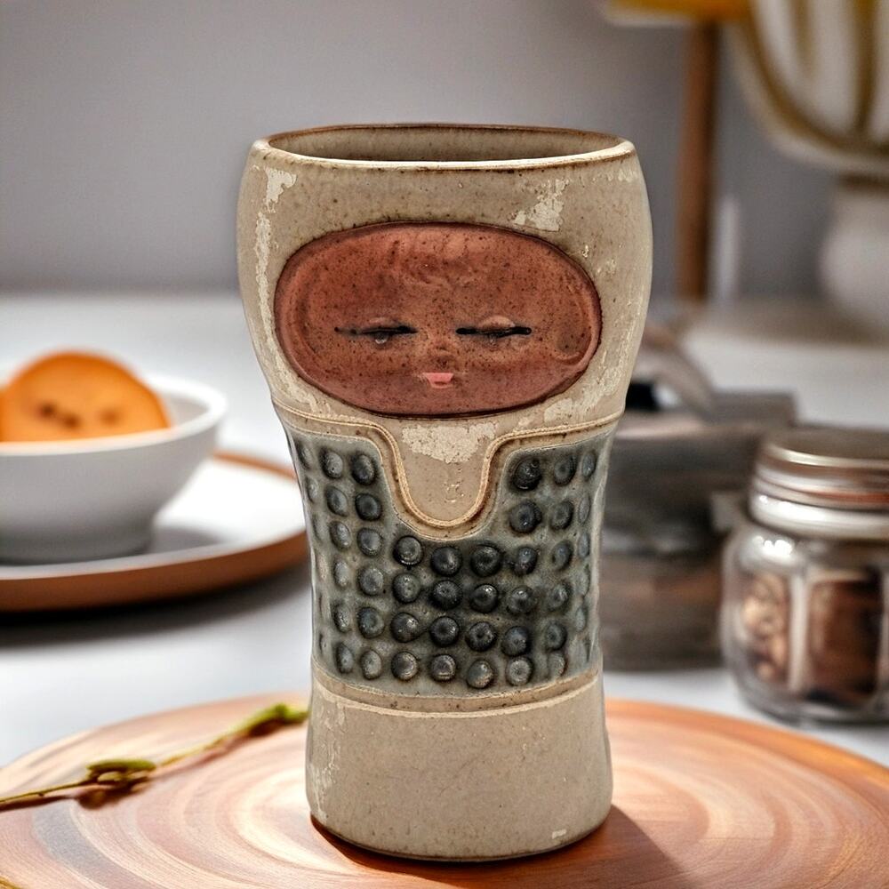 Vintage UCTCI Japan Baby Face Stoneware Vase Textured Art Pottery Japanese